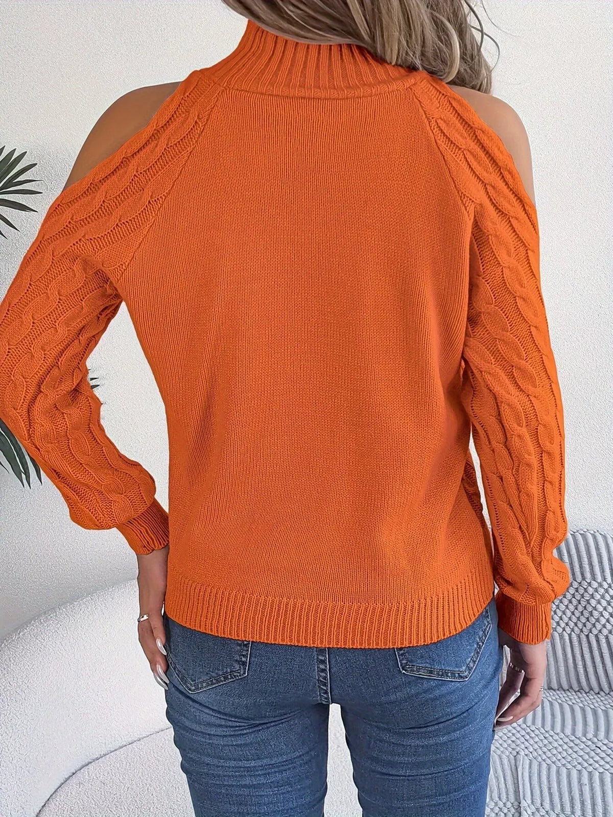 Cold-shoulder cable sweater, view 2