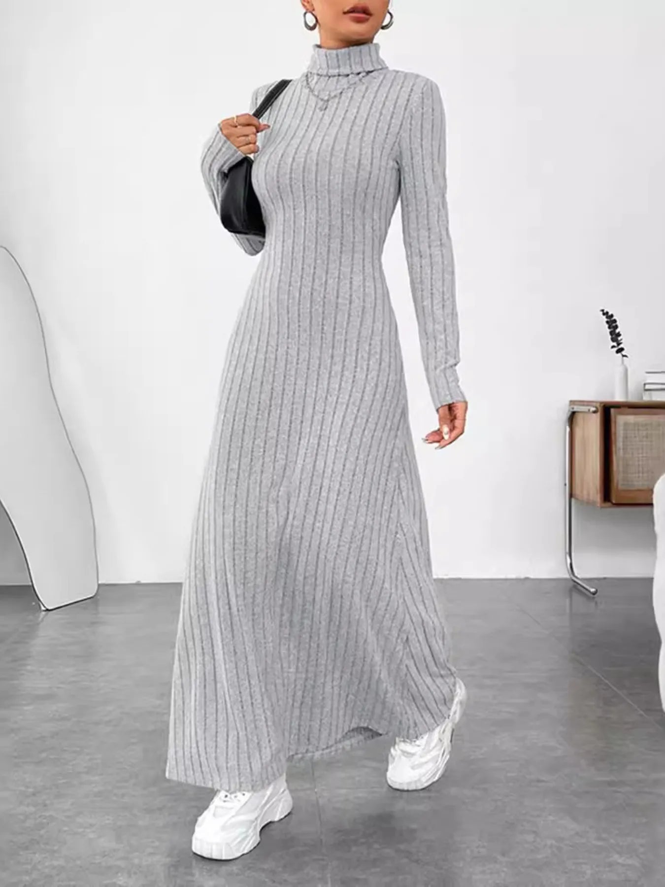 Turtleneck Ribbed Maxi Knit Dress