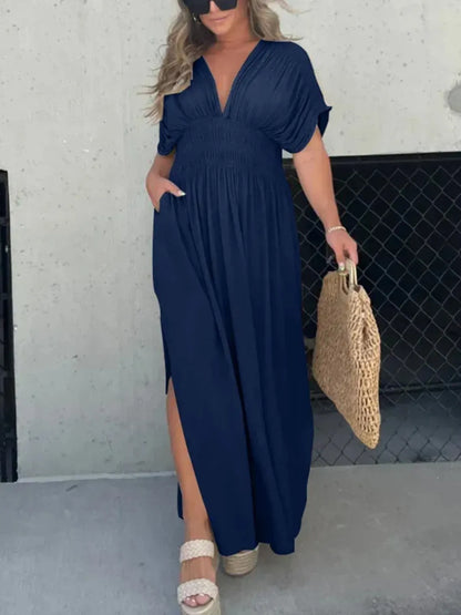 Full Size Deep V-Neck Maxi Dress with Side Slit