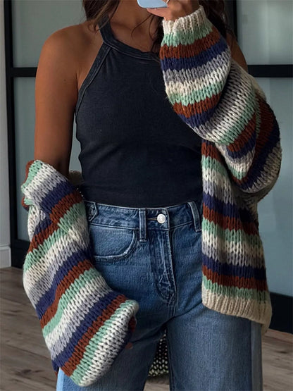 Multi-Color Striped Chunky Knit Open-Front Cardigan