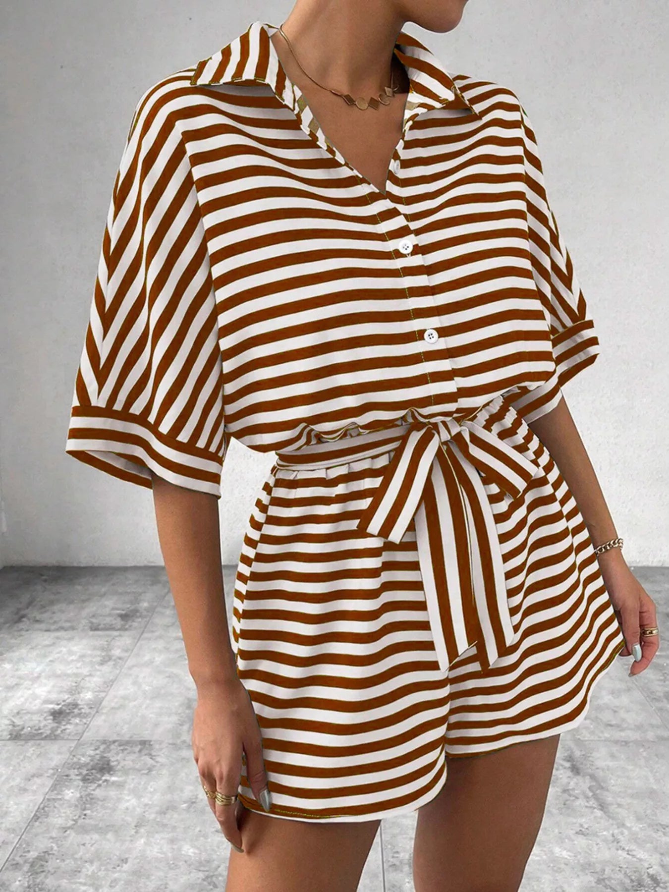 Striped Button Front Half Sleeve Romper