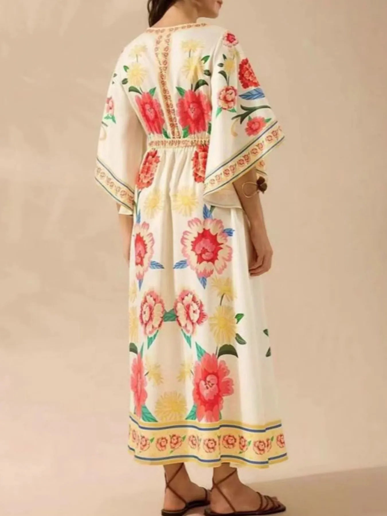 Palm Print V-Neck Midi Dress