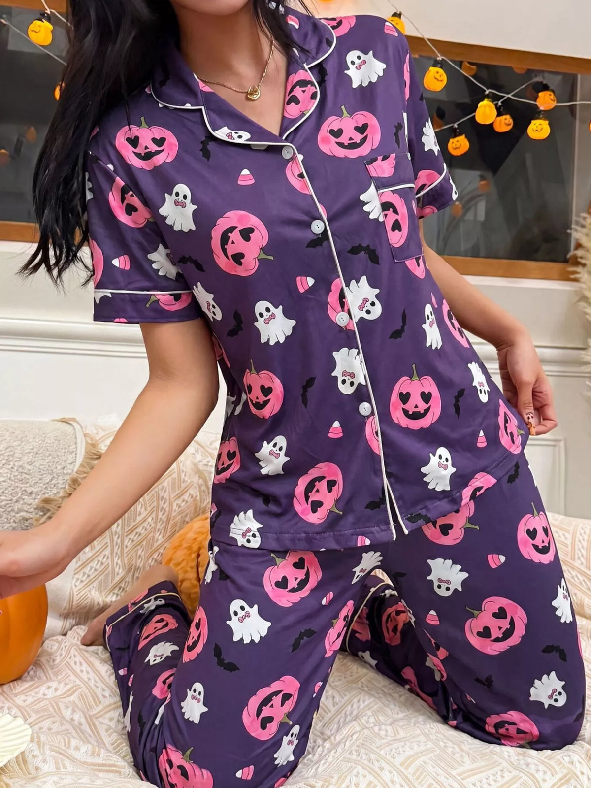 Halloween Pumpkin Print Button-Down Top and Pants Set