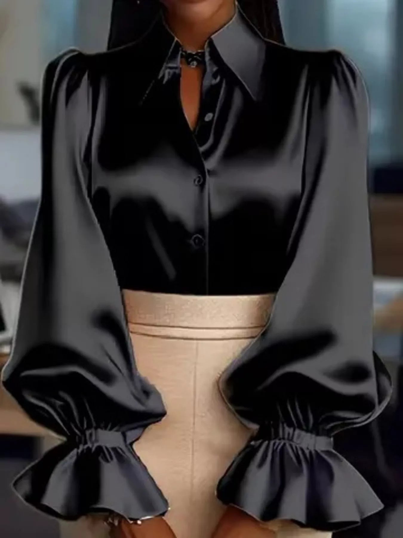 Satin Button Up Flounce Sleeve Shirt