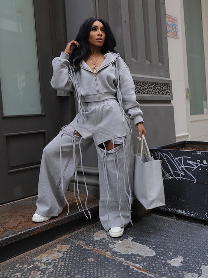 Hooded Zipper Sweatshirt Two-Piece Set