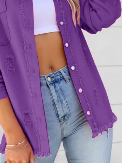 Distressed Denim Jacket with Frayed Edges