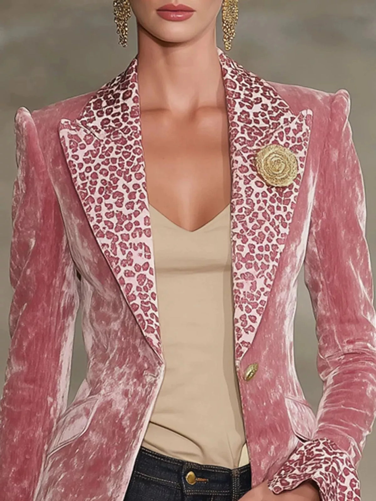 Velvet Leopard Lapel Collar One Button Blazer