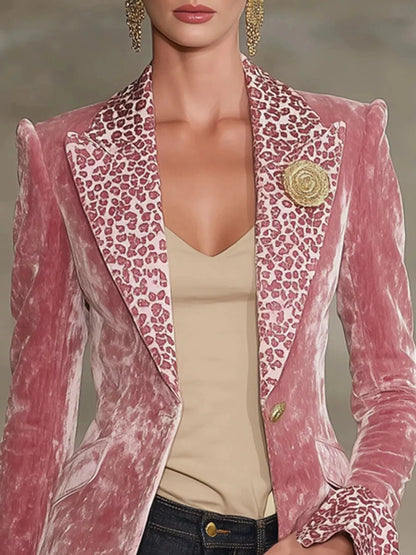 Velvet Leopard Lapel Collar One Button Blazer