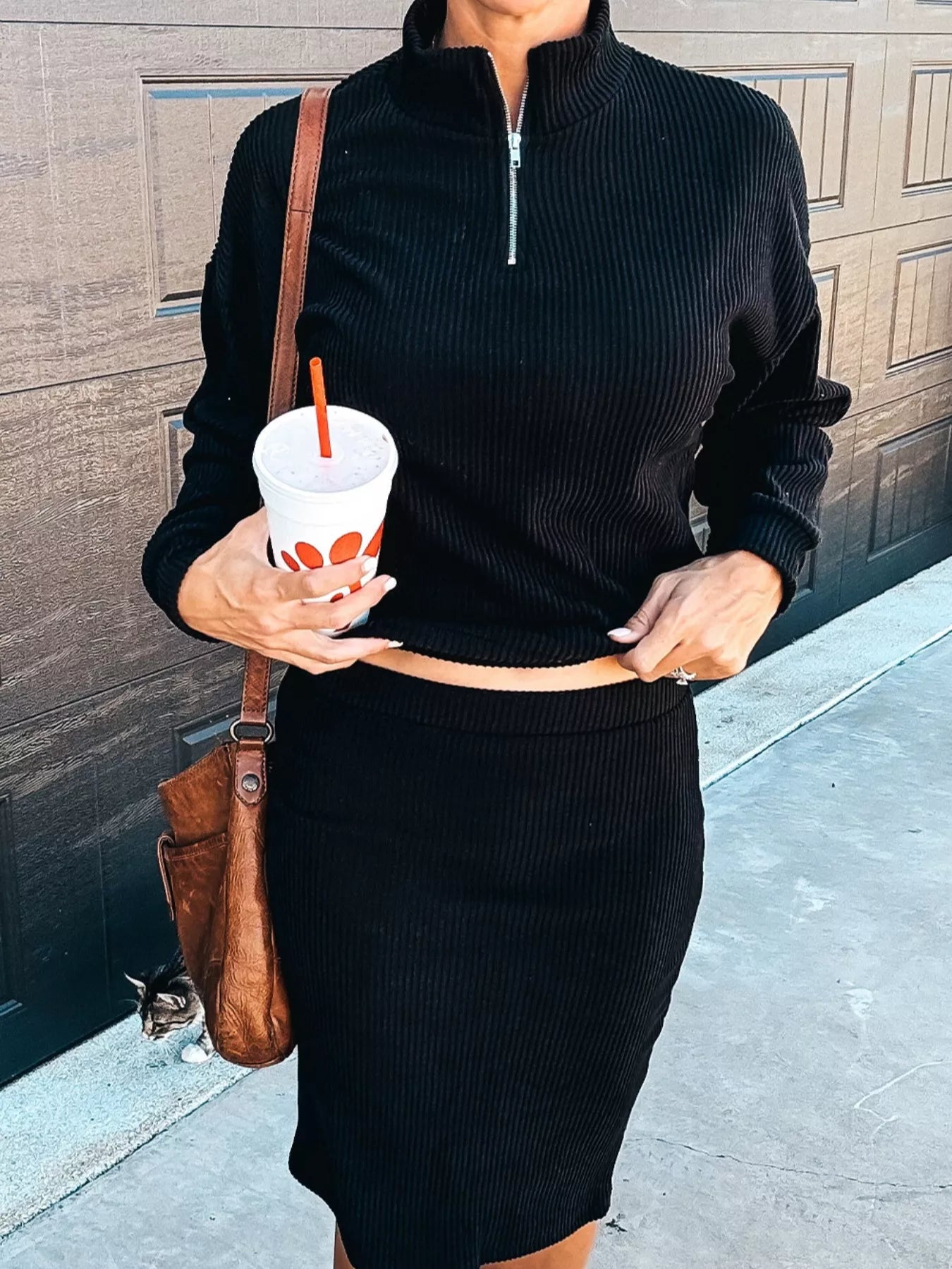 Ribbed Knit Zip Skirt Set