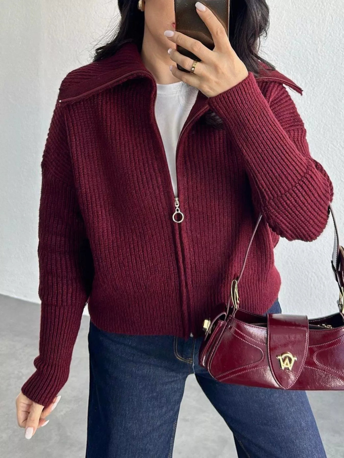 Zip Up Dropped Shoulder Cardigan