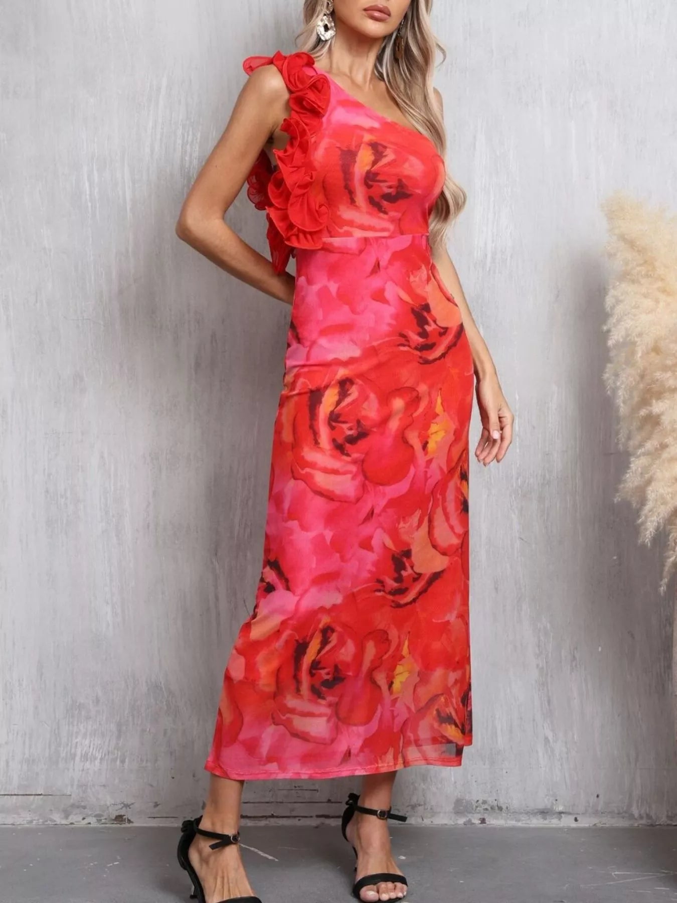 Floral Print One Shoulder Ruffle Trim Dress