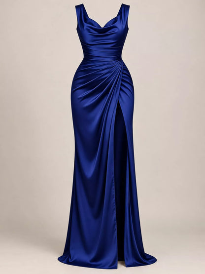 Satin cowl neck dress with high slit, view 33
