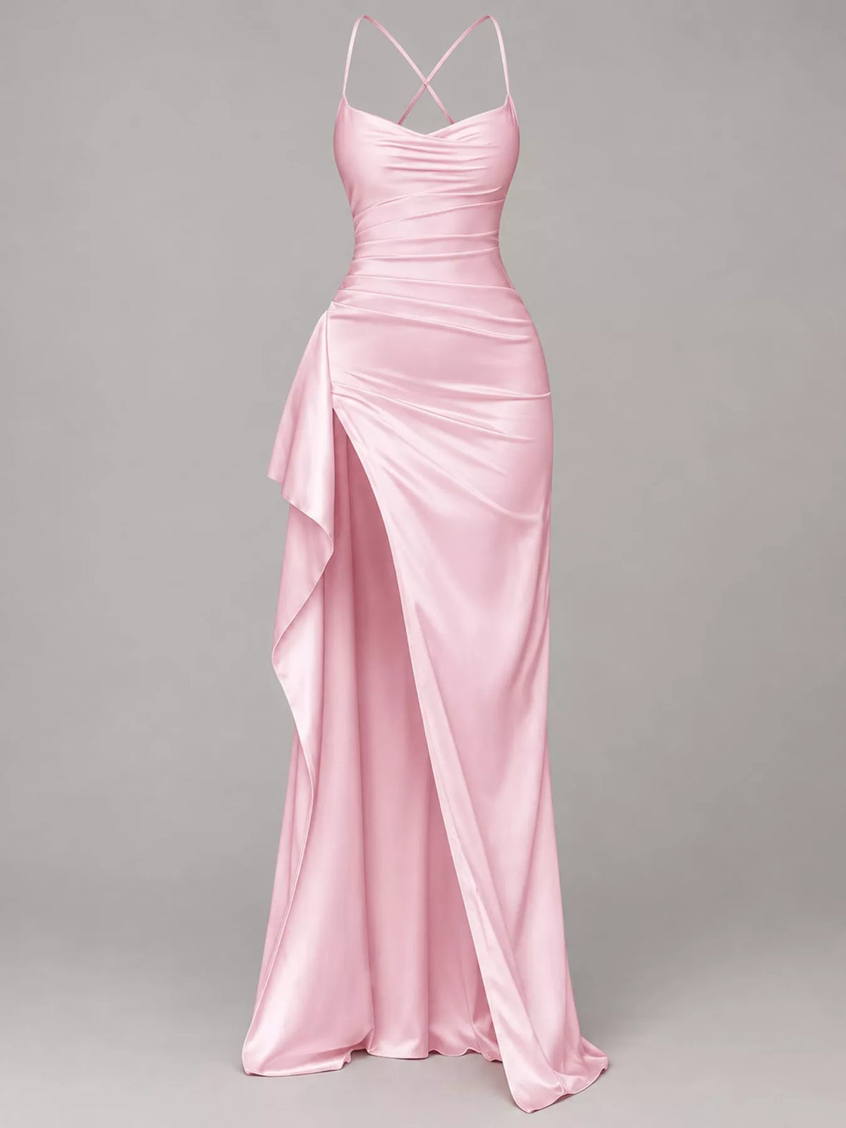 Satin ruched high-slit maxi dress, view 11