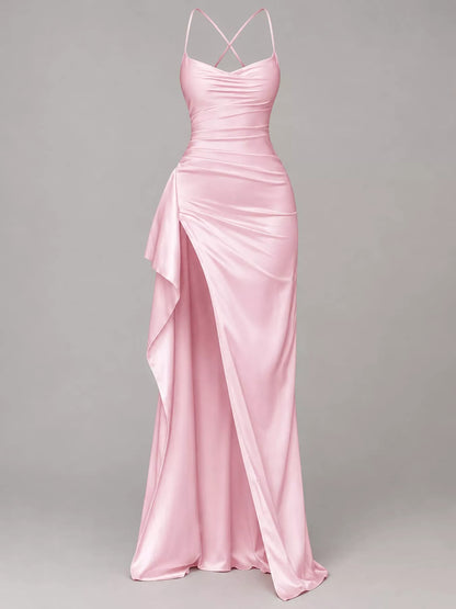 Satin Ruched High-Slit Maxi Dress