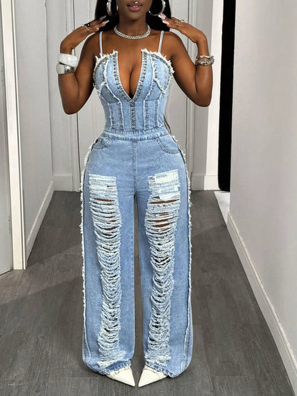 Distressed Spaghetti Strap Wide-Leg Denim Jumpsuit