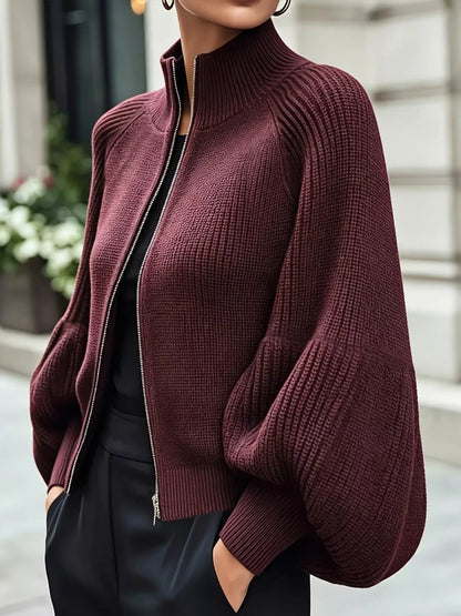 Plus size ribbed knit zip cardigan with lantern sleeves