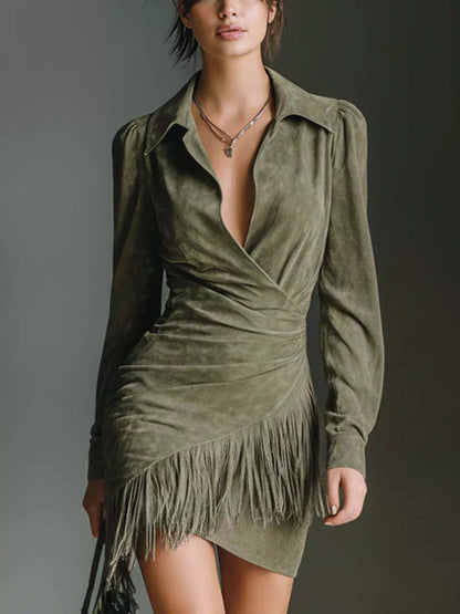 Full Size Suede Fringe Long Sleeve Dress Plus Size