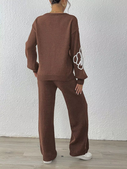 V-Neck Dropped Shoulder Top and Pants Sweater Set
