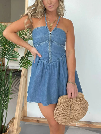 Full Size Lace Up Denim Dress