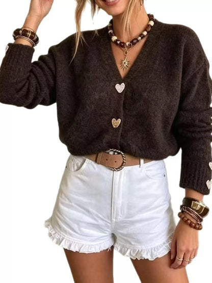 V-neck heart button cardigan, view 6