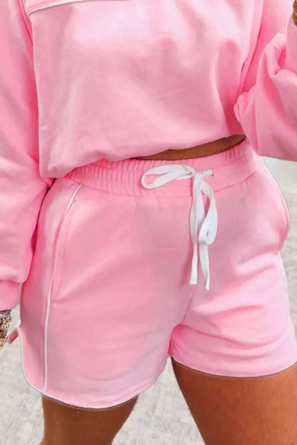 Piping Trim Long Sporty Pullover Drawstring Elastic Waist Shorts Set