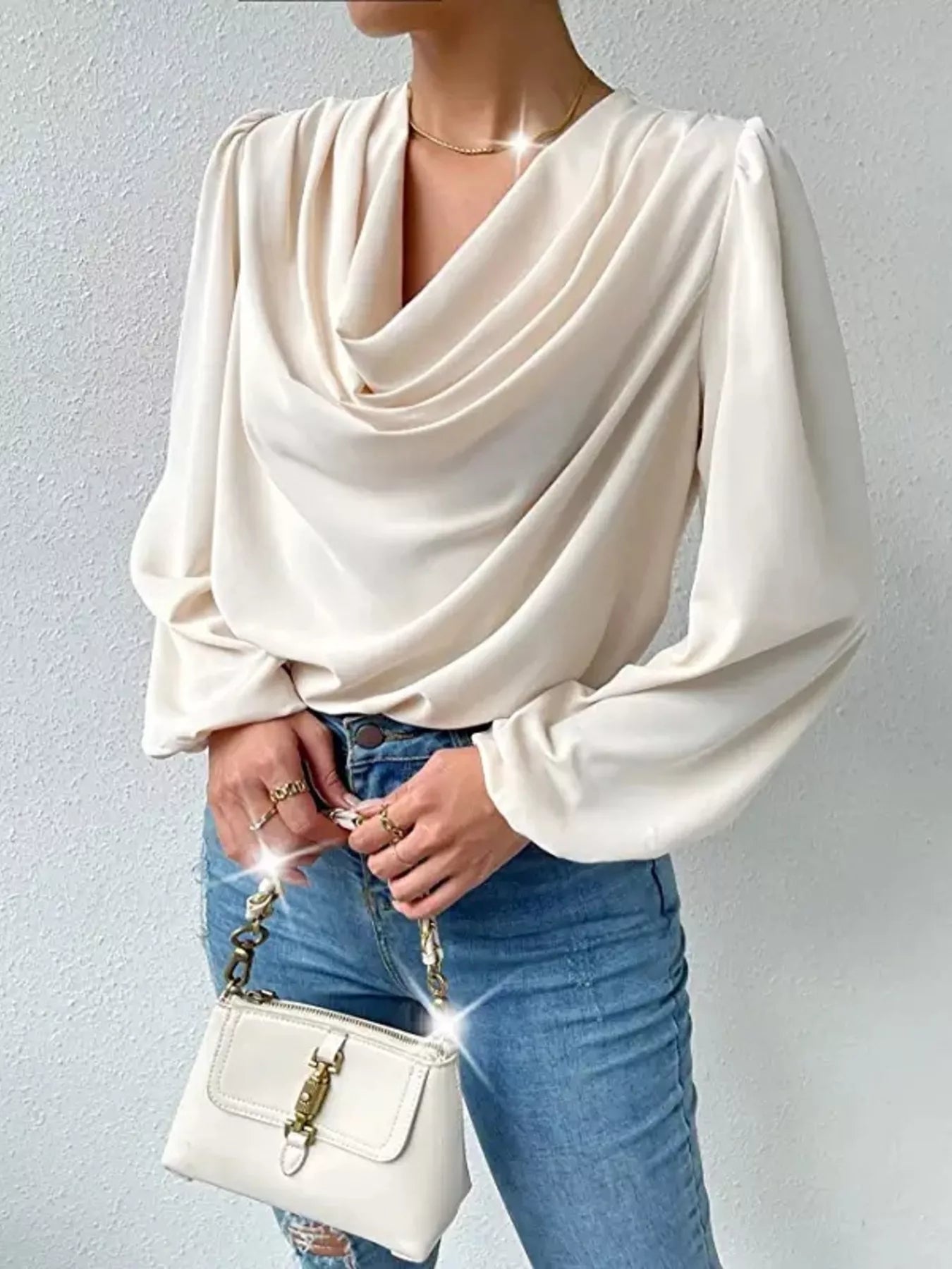 Full Size Cowl Neck Balloon Sleeve Blouse