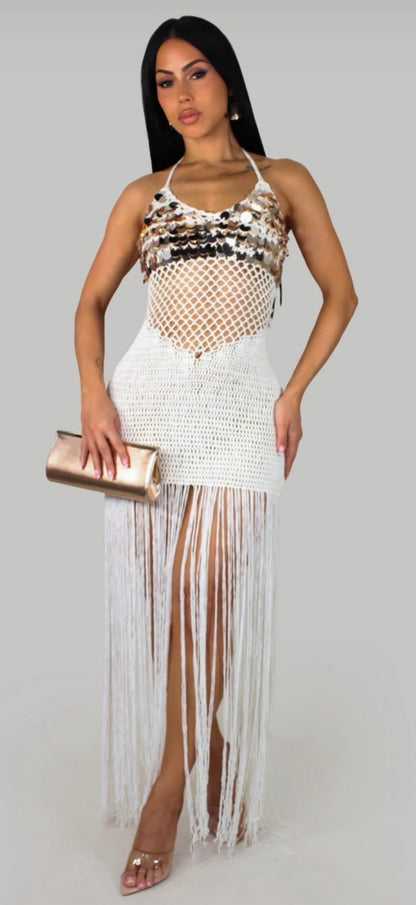 Knitted hand hook perspective sequin fringe strap beach skirt