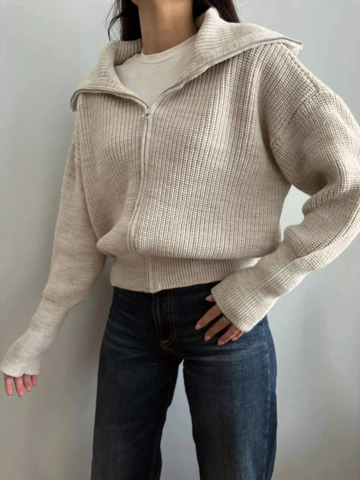 Zip Up Dropped Shoulder Cardigan