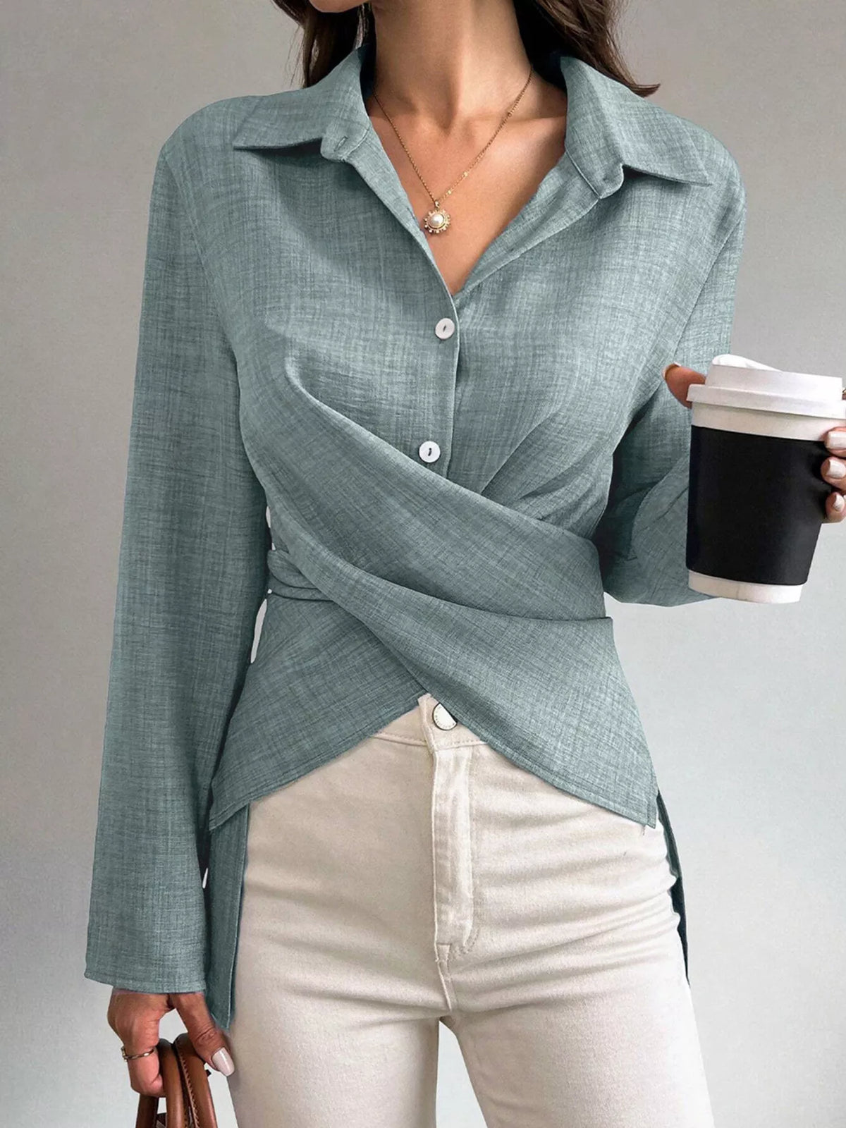Criss-Cross Wrap Front Long Sleeve Shirt