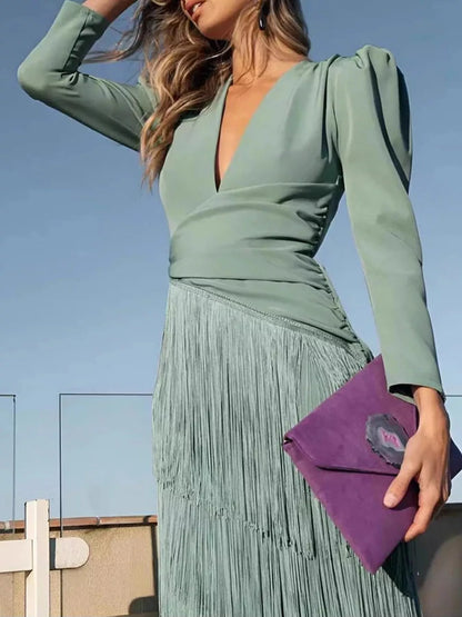 Fringed V-neck puff sleeve dress for cocktail parties