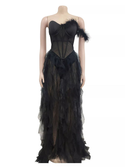 Feathered Corset Tulle Evening Dress