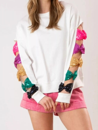 Sequin Bow Cutout Sweatshirt