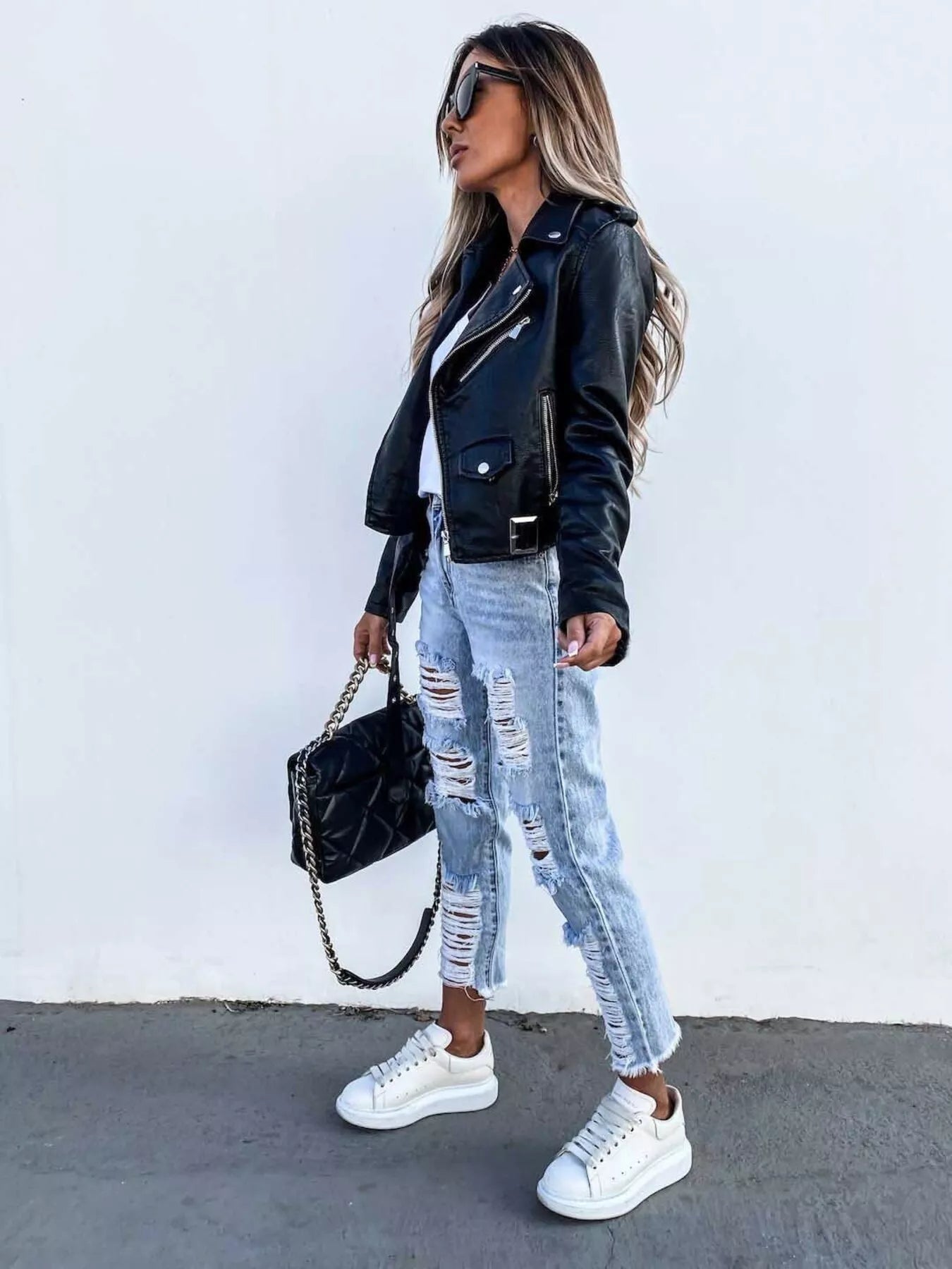 Full Size Zip Up Leather Biker Jacket