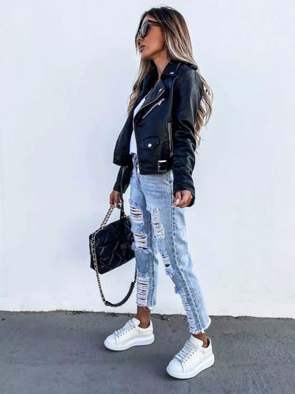 Full Size Zip Up Leather Biker Jacket