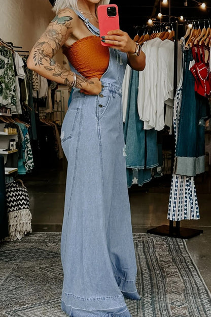 Distressed Wide Leg Denim Overalls