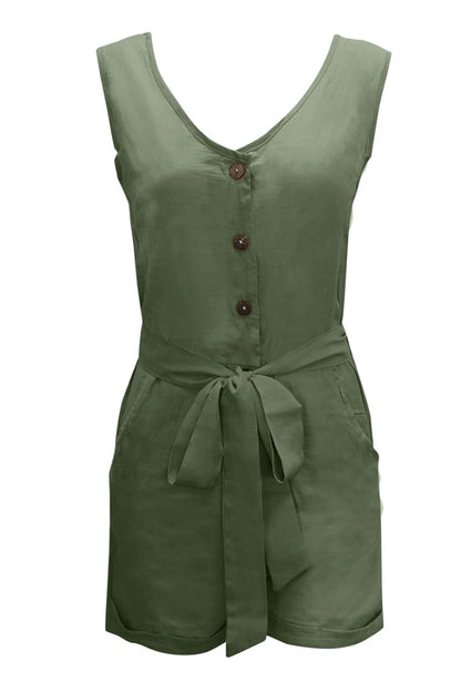 Tied V-Neck Sleeveless Romper with Pockets - MONLANE