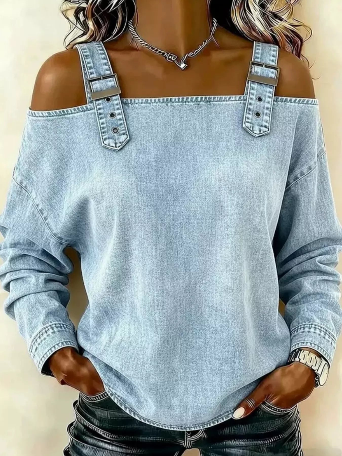 Full Size Buckle Strap Long Sleeve Denim Top Plus Size