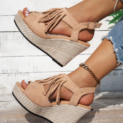 Fringe Platform Wedge Sandals