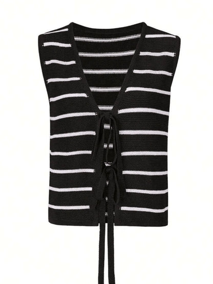 Tie Front Striped Sweater Vest