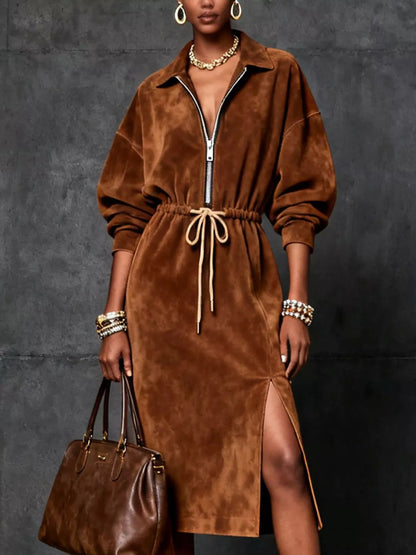 Slit Zip-Front Drawstring Midi Dress