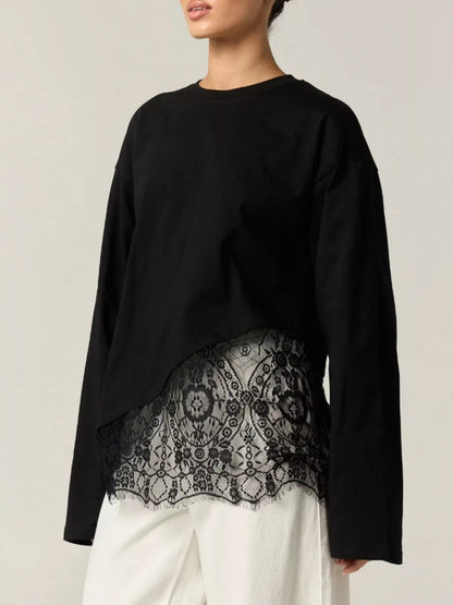 Long-Sleeve T-Shirt with Asymmetric Lace Hem