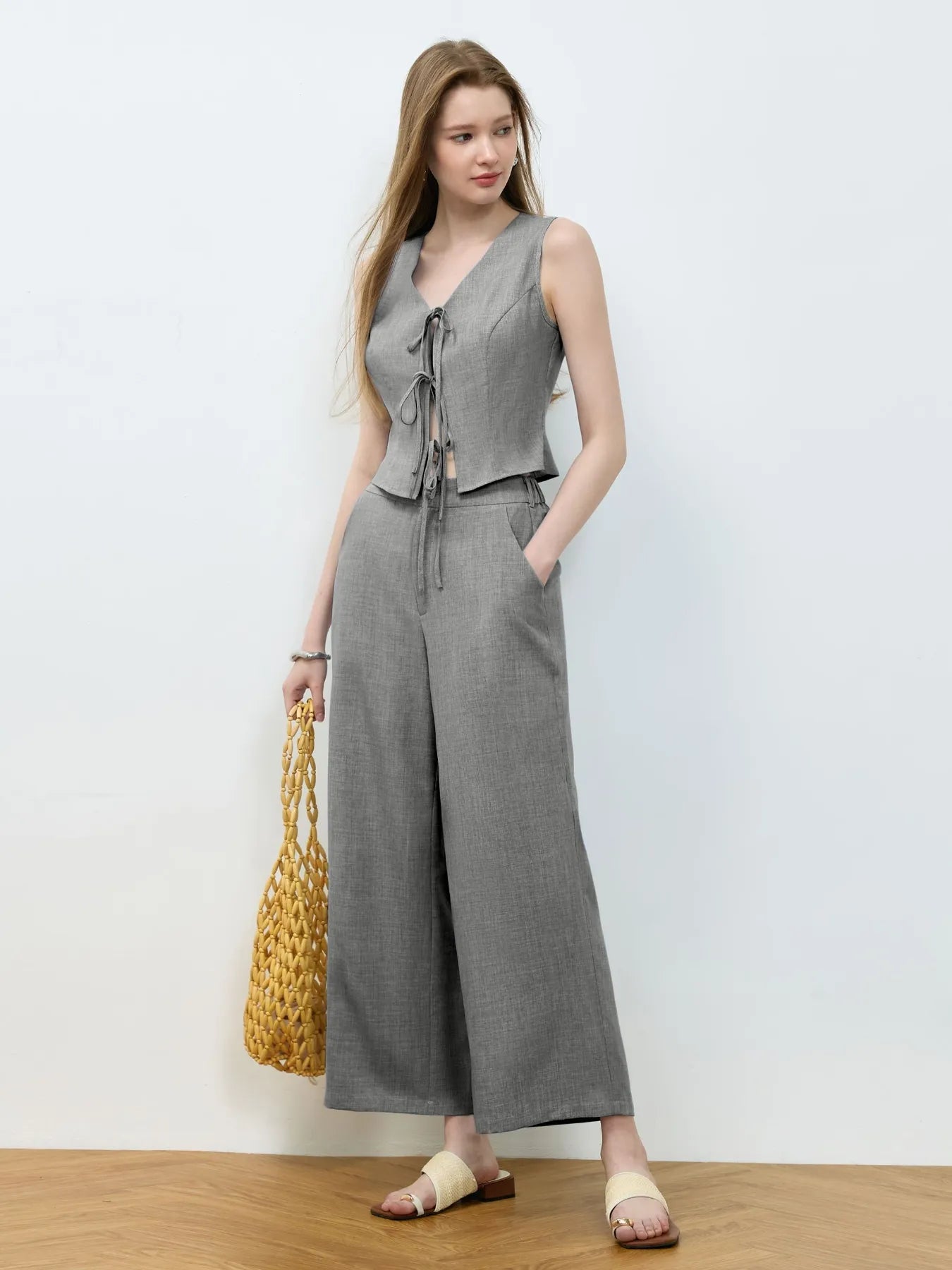 Tie Front Vest and Wide Leg Pants Set