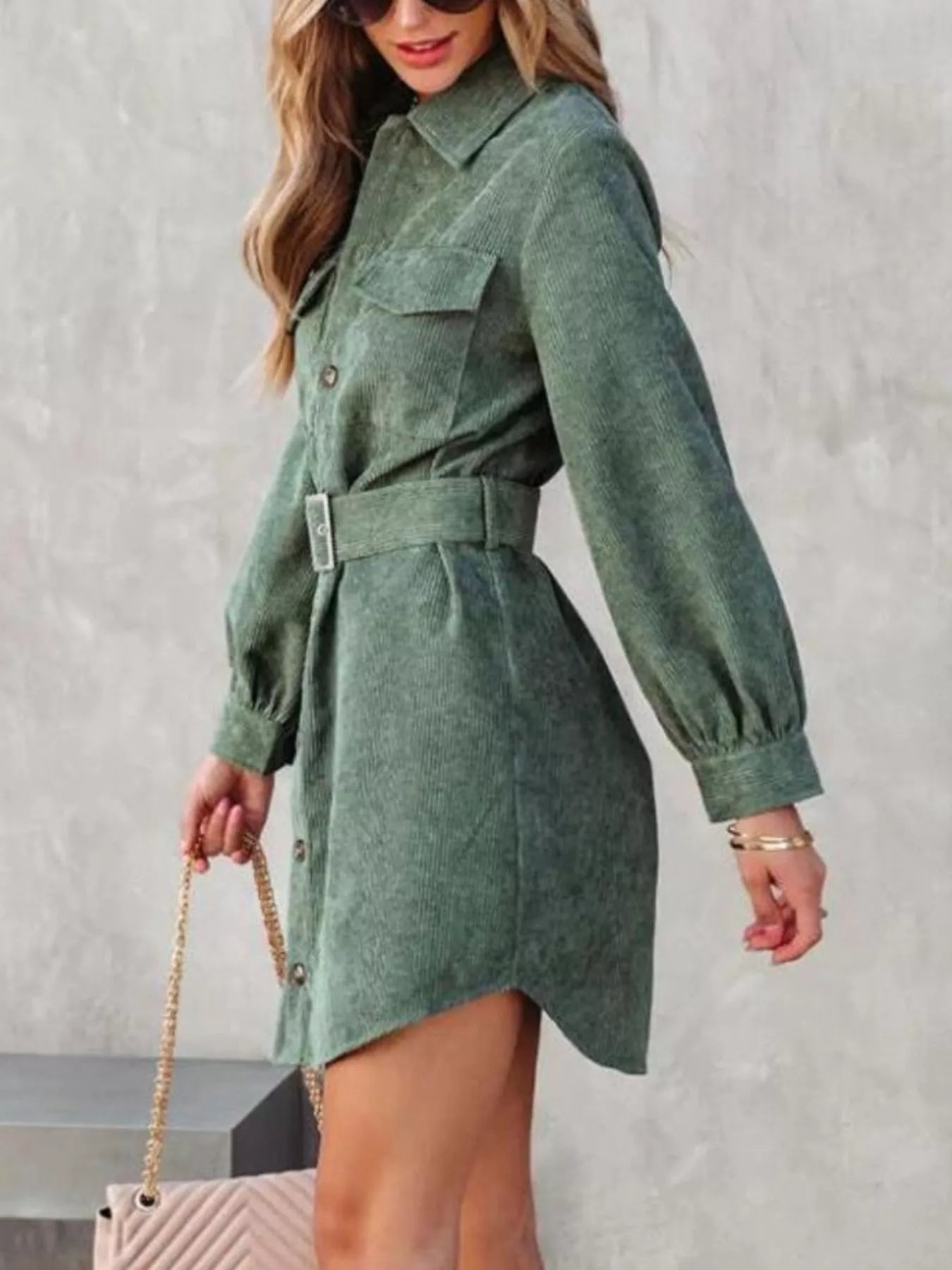 Button Front Belted Corduroy Dress