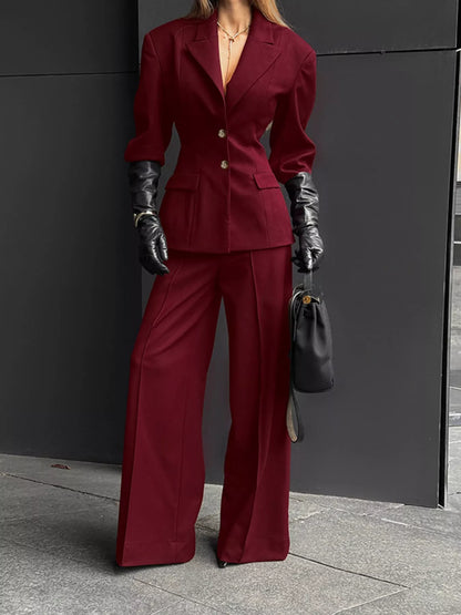 Lapel Collar Blazer and Wide-Leg Pants Set