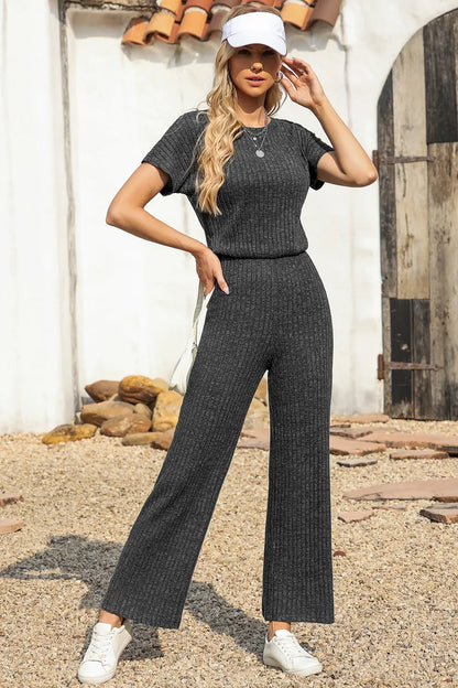 Ribbed Short Sleeve Wide Leg Jumpsuit