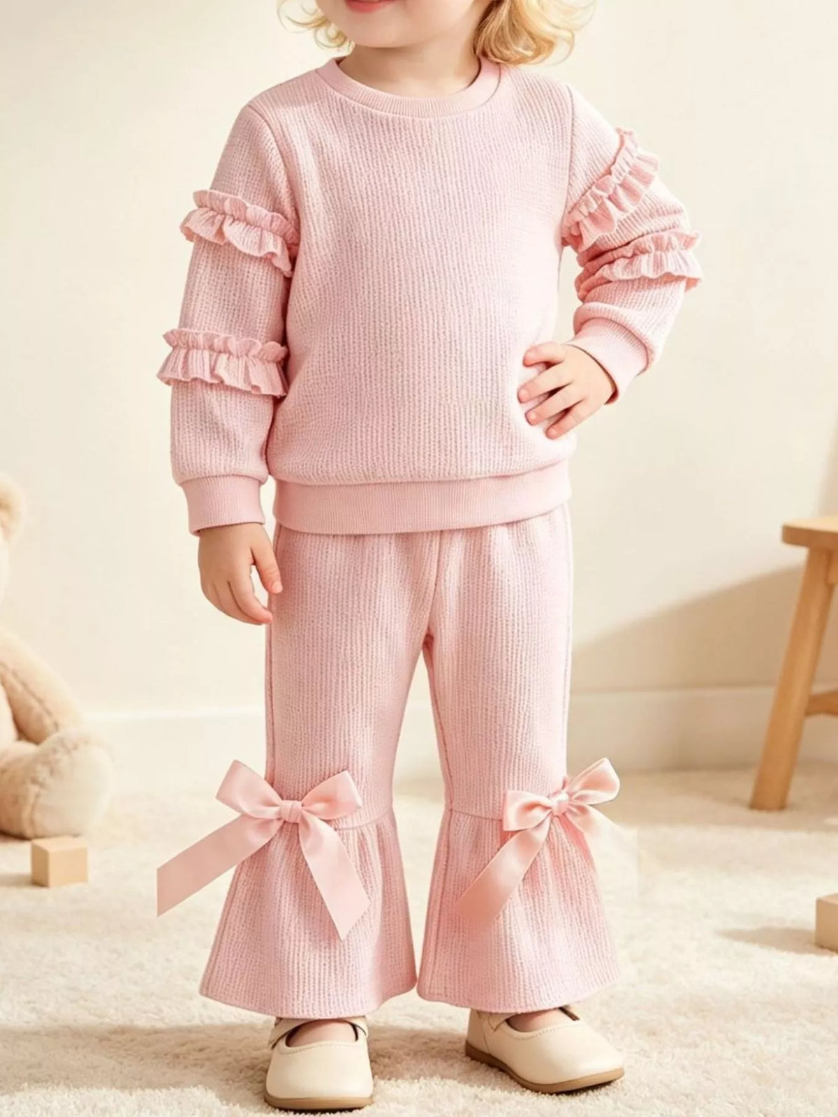 Ruffle top and flare pant set, view 4