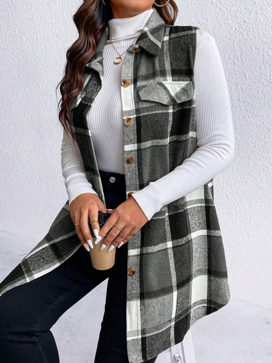 Plus Size Button Up Vest Coat