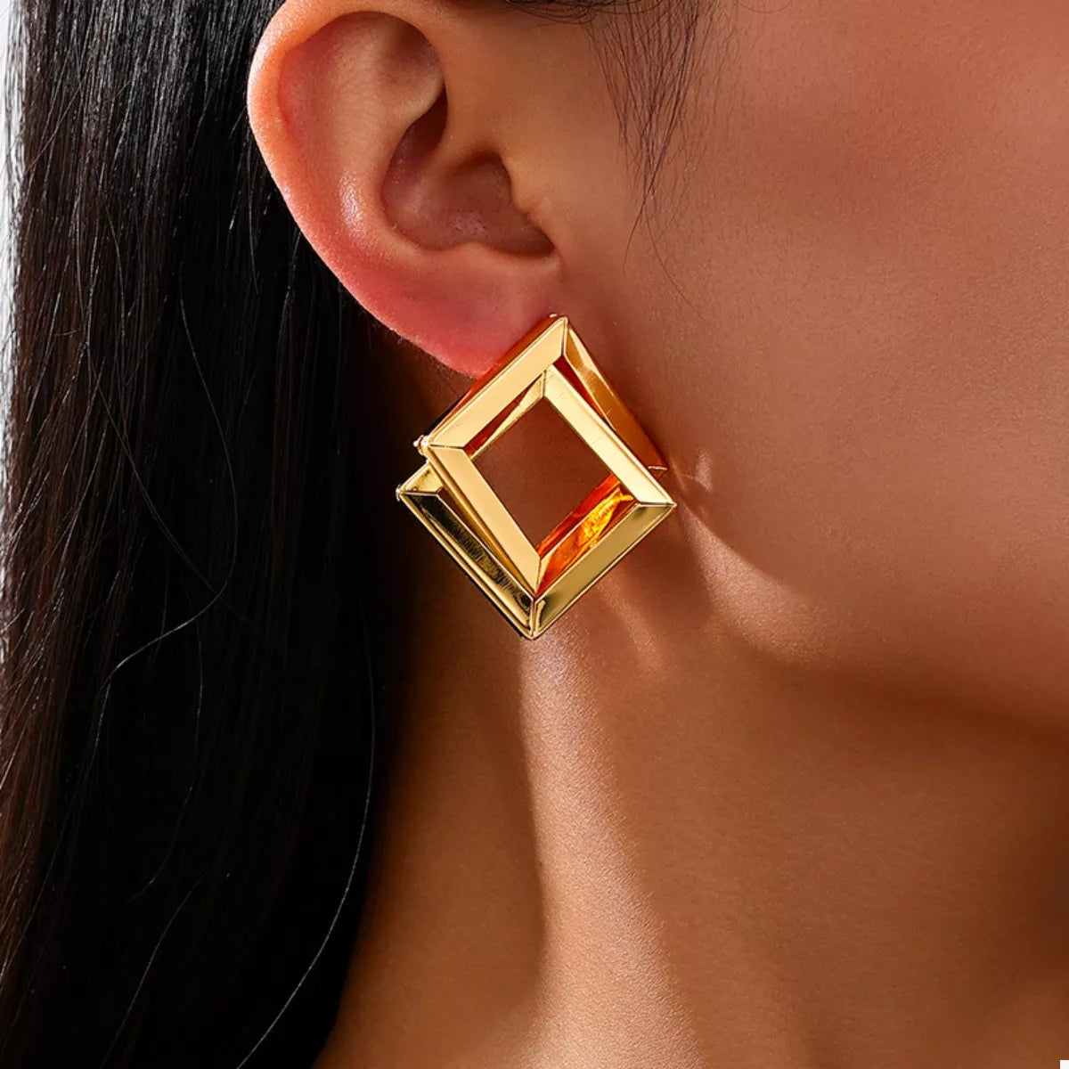 Double square gold stud earrings, view 2