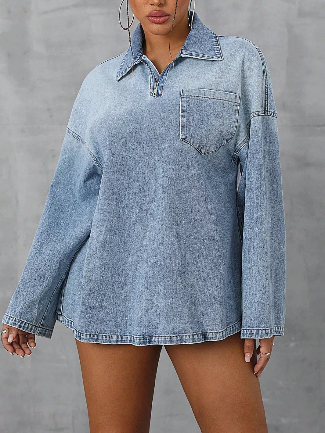 Collared Neck Drop Shoulder Denim Top