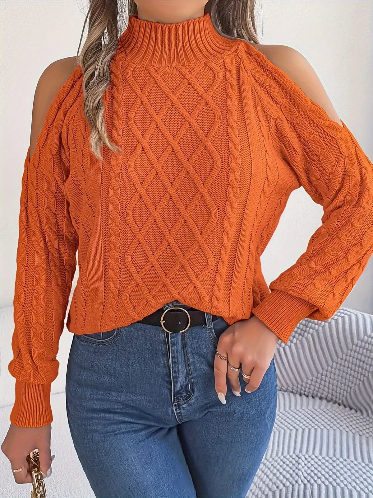 Cold-shoulder cable sweater, view 3